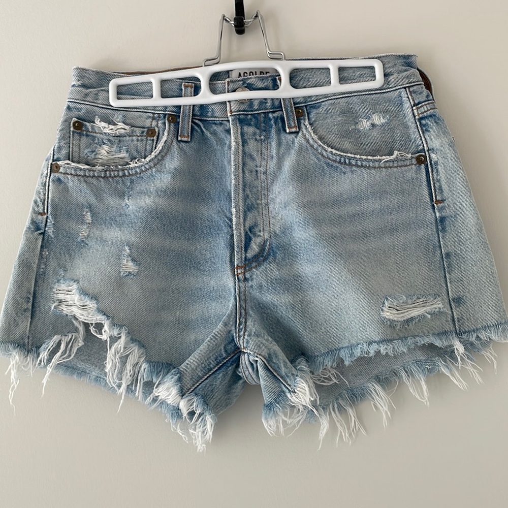 Agolde Shorts Blue Denim Distressed Parker Size 25